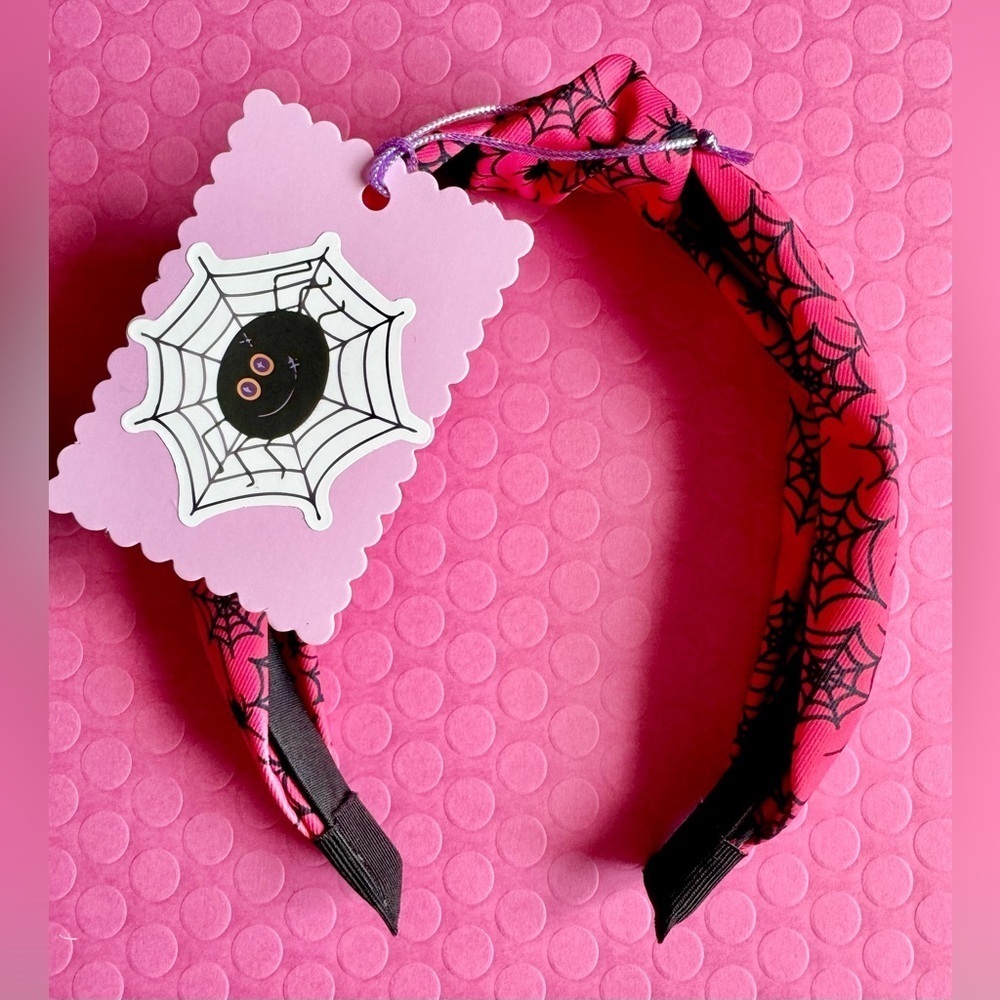 New Halloween Pink & Black Spiders & Webs Fabric Adult Size Knotted Headband - Picture 6 of 7